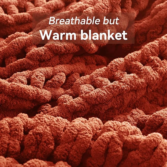 Chunky Knit Throw Blanket, 40''*50'' Fall Throw Blanket Knitted Chenille Yarn for Bed Couch, Handmade Orange Crochet Big Thick Blanket, Machine Washable Cute Comfy Blankets for Home Decor
