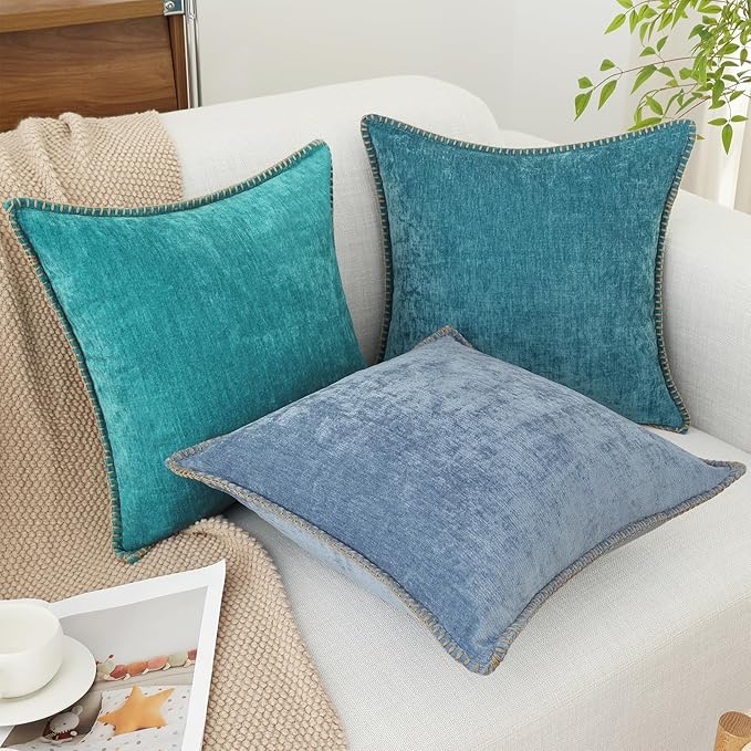 decorUhome Chenille Soft Throw Pillow Covers 22x22 Set of 2, Farmhouse Velvet Neutral Decorative Euro Pillow Covers with Stitched Edge for Couch Sofa Bed Home Decor, Teal