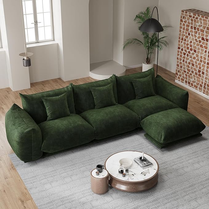 Modern Minimalist Chenille Modular Sectional Sofa, Deep-Seat 3-Seater L-Shaped Couch with Movable Ottoman and Thick Cushions, Upholstered Sofa for Living Room, Bedroom, Office, Apartment(Green L Sofa)