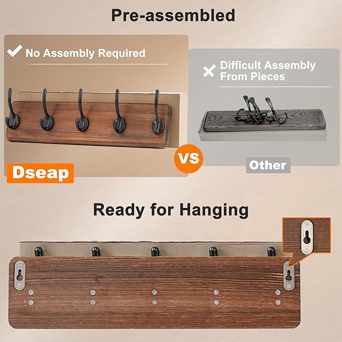 Dseap Coat Rack Wall: Patented, Heavy-Duty, 5-Double-Hooks Wooden Wall Mounted Coat Rack Coat Hanger Hook Rail for Winter Coats Hat Jacket Clothing, Light Brown