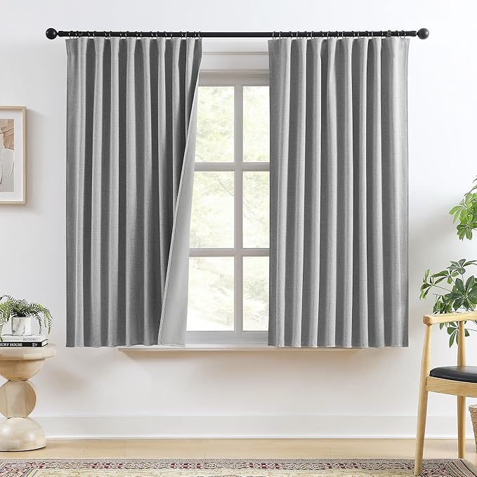 RAIN CITY Grey Linen Blackout Curtains, 100% Light Blocking Textured, Thermal Back Tab Rod Pocket, 2 Panels with Hooks, 50 x 78