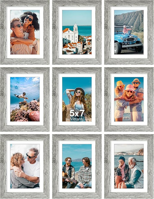 Vittanly 5x7 Picture Frames Set of 9, Shatter Resistant Plexiglass, Display 4x6 Pictures with Mat or 5x7 without Mat, Photo Frames for Wall or Tabletop, Engineered Wood, Grey