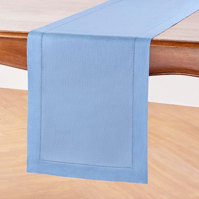 Solino Home Linen Cornflower Blue Table Runner 120 Inches Long - 100% Pure Linen Hemstitch 14 x 120 Inch Table Runner for Dining - Classic Hemstitch
