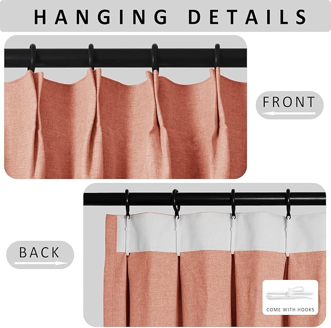 Macochico 100”Wx102”L 100% Blackout Pinch Pleated Linen Curtains for Sliding Door Bedroom Living Room Farmhouse Thermal Insulated Orange Burlap Drapes with Tieback 1 Panel Shabby Chic Style