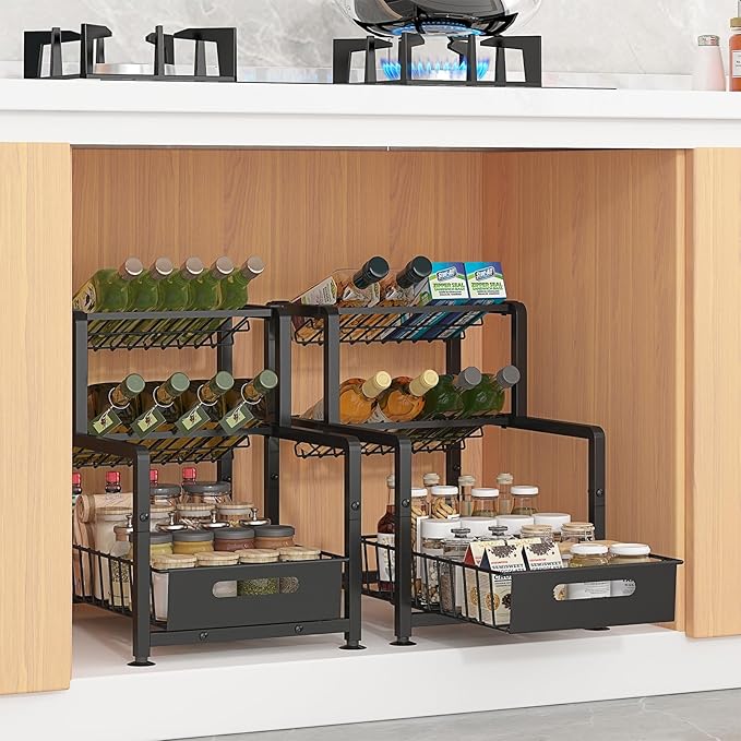 REALINN Spice Rack Organizer for Countertop, 3 Tier Pull Out Spice Rack, Height Adjustable Countertop Seasoning Organizer for Kitchen, Bathroom Storage