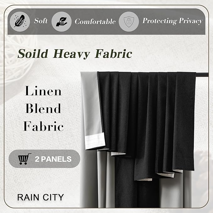 RAIN CITY Black Blackout Curtains Back Tab 2 Panels 70x90