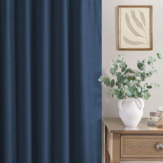 Navy Blue Curtains 90 Inches Long for Living Room Blackout 52 Inch Wide Curtains for Bedroom Window Floor Length Soft Fabric Polyester Linen Blend Noise Reduction Soundproof Nautical Curtain Dark Blue