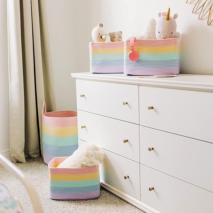 OrganiHaus Rainbow Woven Storage Baskets for Organizing, Cotton Rope Organizer Bins for Shelves, Closet & Nursery, Dog Toy Basket, Decorative Bins for Toys, Towels & Books - 15x10x9