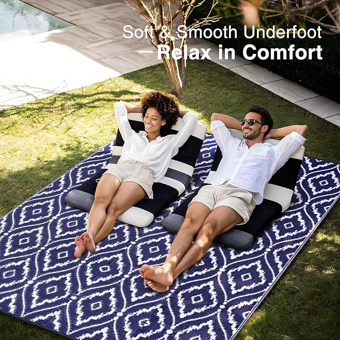 OLANLY Outdoor Rug 6x9 ft Waterproof, Outdoor Plastic Straw Rug with Geometric Pattern Clearance, Reversible RV Mat for Patio, Camping, Balcony, Deck, Backyard, Navy & White