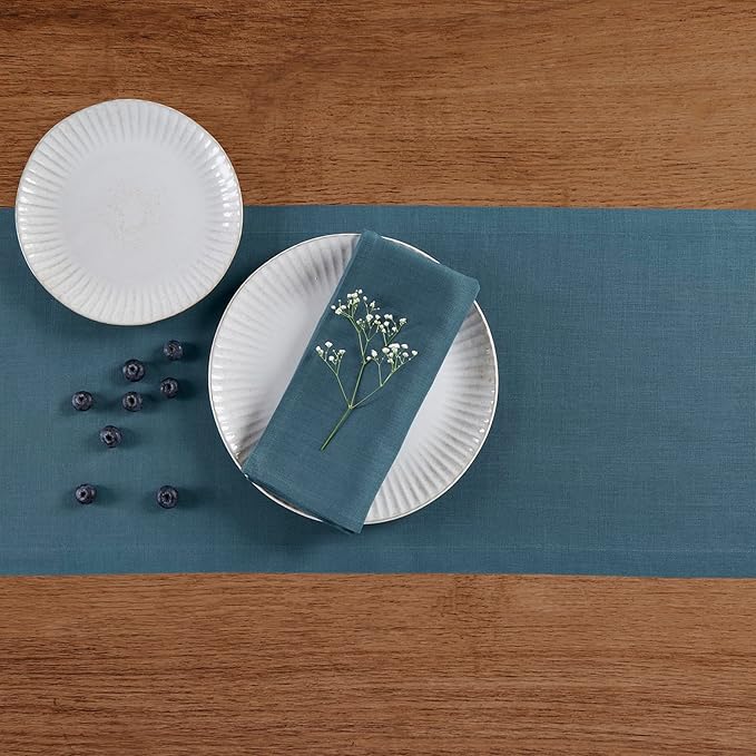 Solino Home Linen Table Runner 60 Inches - 100% Pure Linen Peacock Blue Table Runner 14 x 60 Inch Ideal for Dresser and Coffee Tables - Fete