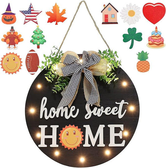 Interchangeable Welcome Sign for Front Door with 14 Changeable Icons, Farmhouse Front Porch Decor Rustic Wooden Wall Sign with 12 LED Lights, Outdoor Seasonal Welcome Home Decorations (Black1)