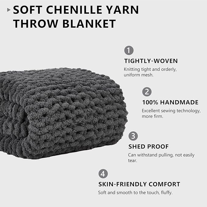 L'AGRATY Chunky Knit Blanket Throw - Soft Throw Blanket 40x50: 100% Hand Kintted Chenile Crochet Throw Blanket for Couch - Large Cable Knit Blanket for Home Decor (Dark Grey)