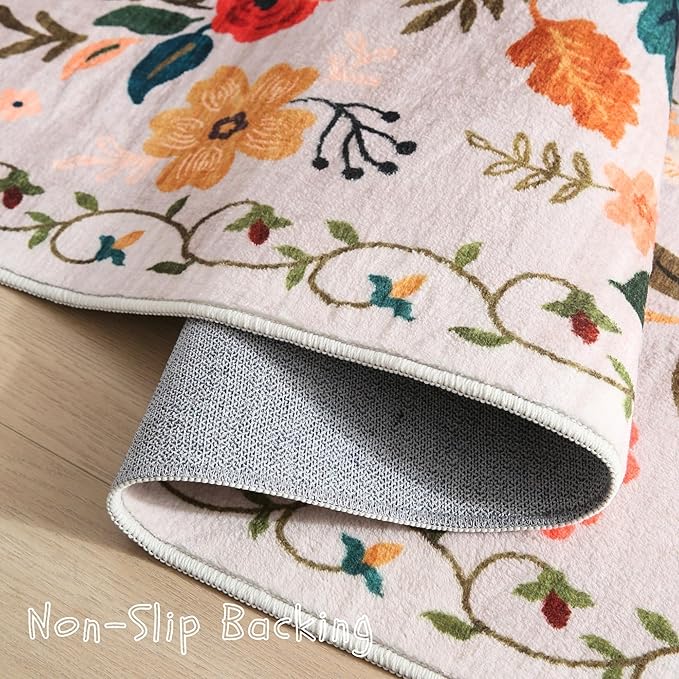 Living Room Rug 6x9 Rug Machine Washable Boho Area Rug Non Slip Floral Vintage Low Pile Large Rug for Living Room, Bedroom, Farmhouse, Dining Room, Kids Playroom(Beige)