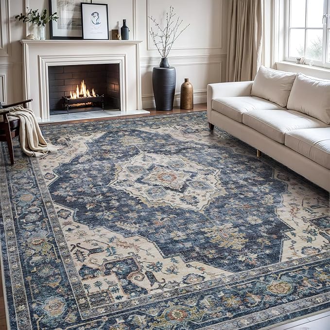 AMOAMI-Area Rug 5X7 Rugs for Living Room-Vintage Soft Blue Rugs for Bedroom-Non Slip Carpet-Machine Washable Rug for Dining Room Living Room Bedroom Office Under Table