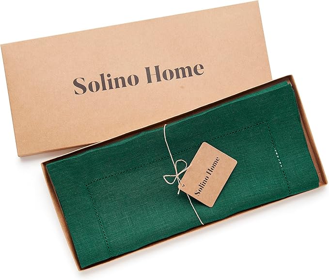 Solino Home Linen Rainforest Green Hemstitch Table Runner 54 Inches - 100% Pure Linen Small Table Runner 14 x 54 Inch Ideal for Dresser and Coffee Tables - Classic Hemstitch - Christmas, Thanksgiving