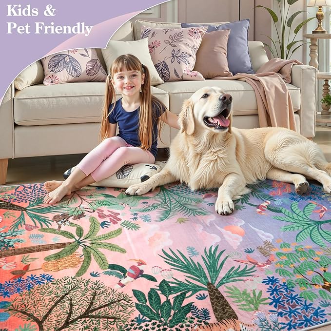 LIVEBOX Washable 6x9 Rug for Living Room, Soft Jungle Animal Print Rugs for Bedroom Aesthetic, Non Slip Purple Boho Rug Botanical Kids Rugs for Bedroom Girls,Stain Resistant Kid Rug for Playroom