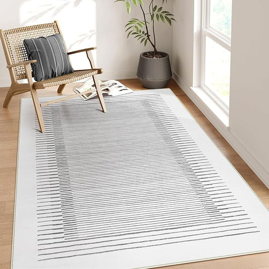 Wonnitar 5x7 Washable Striped Living Room Area Rug, Non-Slip Grey Boho Rugs for Bedroom, Low Pile Soft Minimalist Floor Carpets for Dining Room Home Office (Grey,5' x 7')