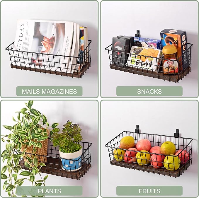 Wall Hanging Baskets 3 Pack, Extra Large Diversified Wire Basket Shelves of Wooden Style, with Wall Mounted Hooks & Traceless Stickers, for Kitchen Coffee Bar Office Room Garage Storage Organization