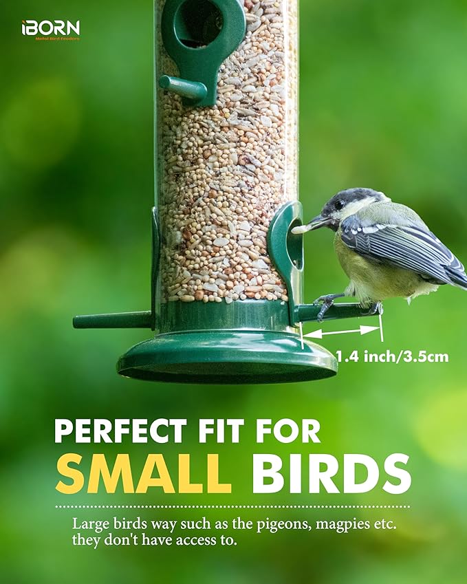 iBorn Metal Bird Feeders 6 Ports Hanging Wild Bird Seed Feeder for Mix Seed Blends, Niger Seed Feeder, Sunflower Heart, Birdbath, Heavy Duty All Metal Green Finishing 14 Inch 6Port, Pack of 2
