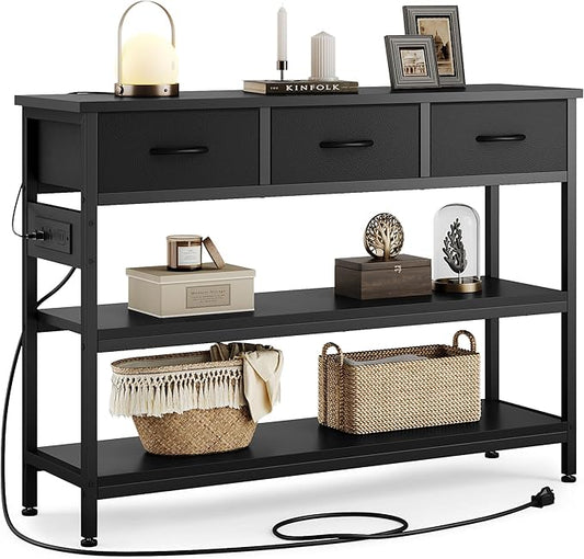 Lulive Entryway Table with Power Outlets, Console Table with 3 Fabric Drawers, Sofa Table for Living Room, Hallway, Couch, Foyer, Height Adjustable (Black, 43")