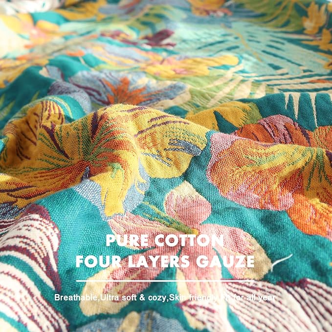 MSGKV Cotton Bed Blanket for Couch and Sofa Blankets for Living Room Bedroom Reversable Florals Throw 80"x90" Breathable Cozy Boho Blankets