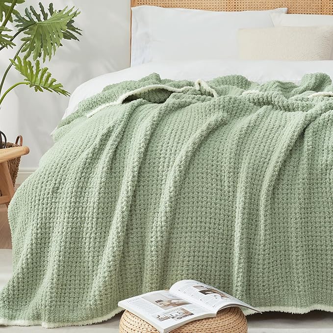 Snuggle Sac Ultra Soft Waffle Throw Blanket for Couch Bed Sofa 50x60 inches, Reversible Sage Green Blanket Microfiber Fluffy Fuzzy Cozy Knit Throws for Women Mothers Birthday Gifts