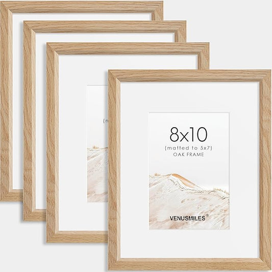 8x10 Picture Frame Set of 4 Natural Solid Oak Photo Frames with 5x7 Removable Mat Wall Hanging Large Handcrafted Frame with HD Plexiglass Wall and Tabletop Display Large Poster Frame