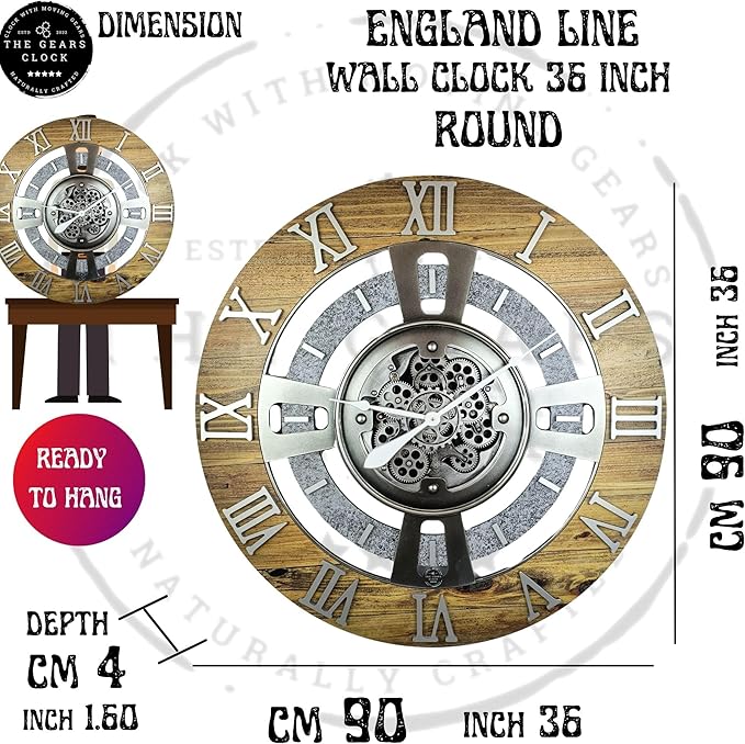 The Gears Clock Real Moving Gear Wall Clock England Line (Carbon Grey, 36 inches (90 cm))