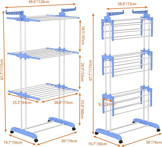 HOMIDEC Clothes Drying Rack, Large 4-Tier Foldable Drying Rack Clothing(67.7H x 19.7W x 30L Inches), Movable Drying Rack with 4 castors. Multifunctional Stainless Steel Laundry Drying Rack, Blue