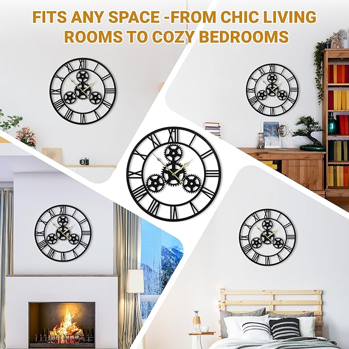 24inches/60cm Wall Clocks for Living Room Deco Non Ticking Silent Battery Operated Metal Modern Vintage Roman Numeral Oversized Gear Wall Clocks for Bedroom Kitchen Fireplace Office Farmhouse