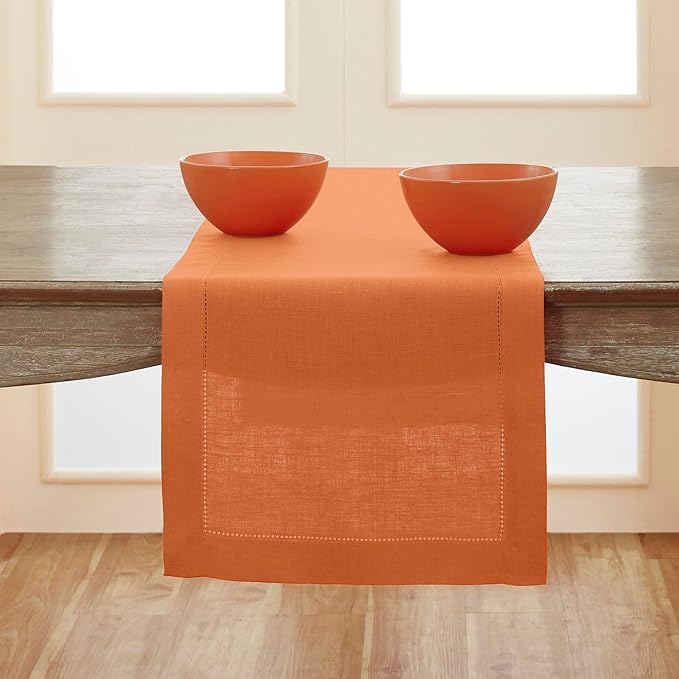 Solino Home Linen Hemstitch Table Runner 108 Inches Long - 100% Pure Linen Pumpkin Table Runner 14 x 108 Inch for Fall, Autumn, Halloween, Thanksgiving - Classic Hemstitch