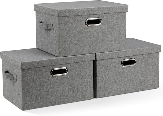 Medium 15" 21 Quart Collapsible Stackable Storage Bins with Lids, 3 Packs Grey Foldable Fabric Closet Boxes Heavy-duty Linen Cube Baskets Container for Bedroom Office (15 x 11 x 8)