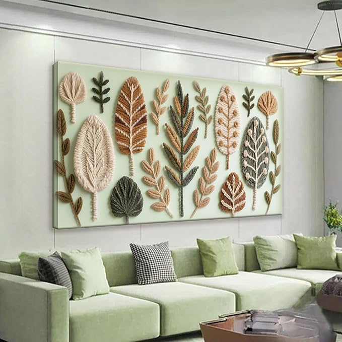 Boho Wall Art Chic Home Wall Art Modern Multicolor Painting Prints Leaves Feather Green Canvas Wall Art Decor For Living Room Bedroom Apartment Kitchen 24"W X 48"L Ready To Hanging