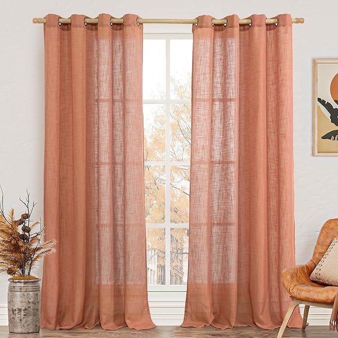 LAMIT Extra Long Linen Curtains 108 inch Long for Living Room, Light Filtering Bronze Grommet Window Textured Semi Sheer Drapes for Bedroom Farmhouse, 2 Panels, 52 x 108 Inch, Terracotta