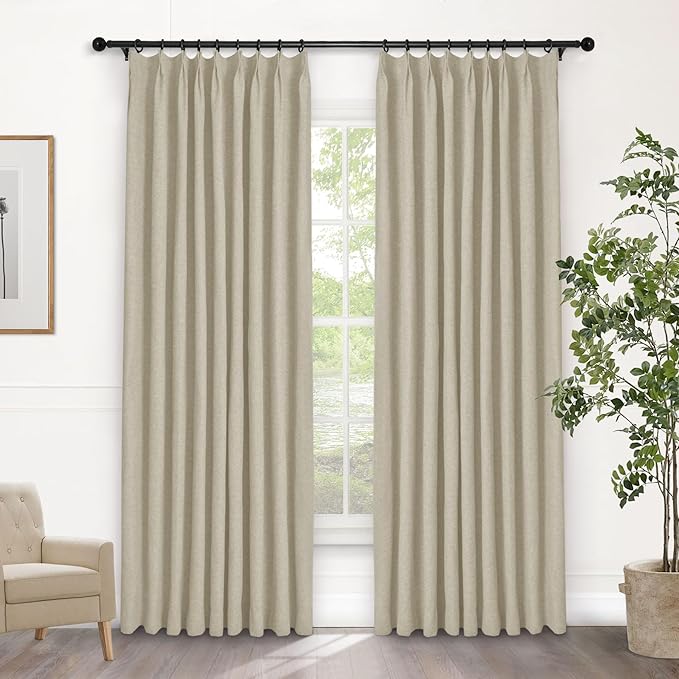 Macochico 100% Blackout Pinch Pleated Linen Curtains 84 Inch Length Thermal Blackout Curtains for Bedroom Living Room Nursery Beige Farmhouse Burlap Curtains with Tieback 52”Wx84”L 1 Panel