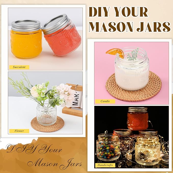 Mason Jars 8 oz - Vintage Small Glass Mason Jars with Silver Metal Lids, Regular Mouth Canning Jars, Safe For Storage, Canning, Pickling, Preserving, Fermenting, DIY Crafts & Decor (8Pack)