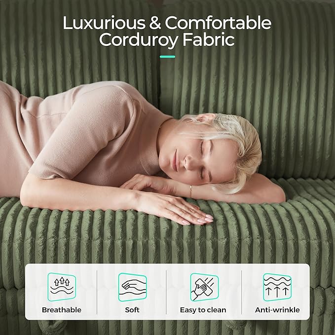 LINSY HOME Sectional Sleeper Sofa with Pull Out Couch Bed - Convertible Plush Corduroy Cloud Couch with Storage Chaise & USB Charging, Comfy L Shaped Modular Couches for Living Room Apartment, Green