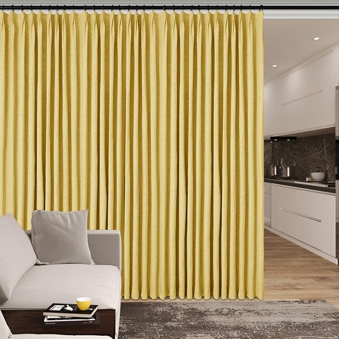 Yellow Pinch Pleat 100% Blackout Drapes Linen Blend, Room Divider, Room Darkening, Energy Saving, Furniture Protecting, Light Blocking Extra Wide Privacy Curtains, 200Wx102L, 1 PC