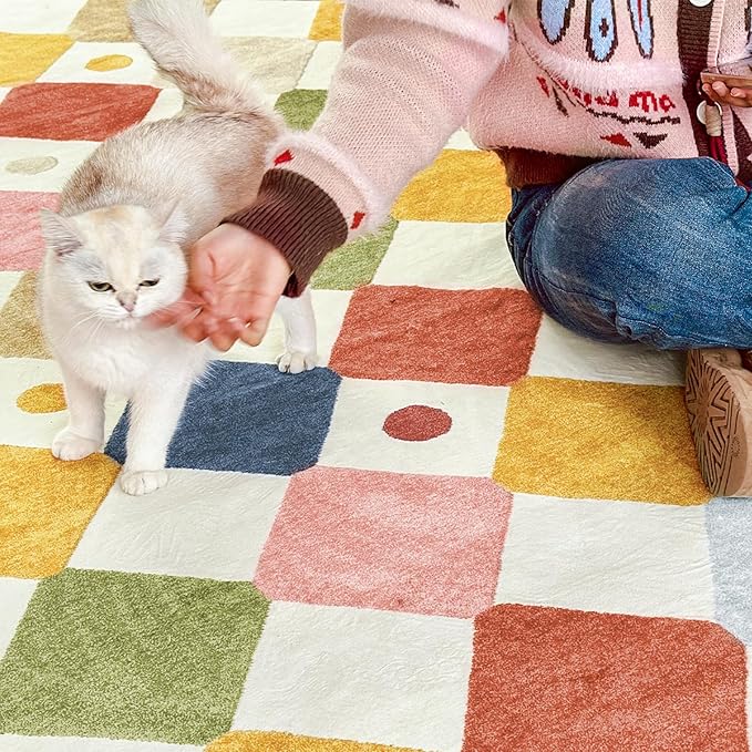 jinchan Round Rug 4ft Kids Washable Rug Indoor Floor Cover Non-Slip Soft Modern Elementary School Classroom Colorful Diamond Carpet for Nursery Daycare Bedroom Playroom Living Room Circus on Cream