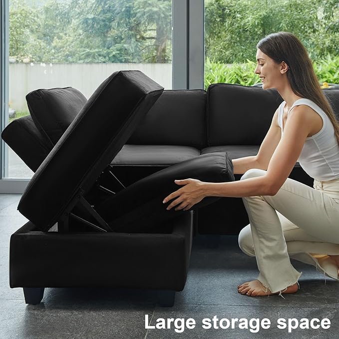 Belffin Modular Sofa Couch with Storage Seats Sectional Sofa Velvet Sofas for Living Room Black