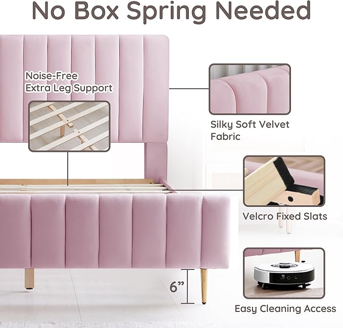 Livinia Twin Size Elton Velvet Platform Bed, Upholstered Bed Frame with Vertical Channel Tufted Headboard Footboard, Strong Wood Slats, No Box Spring Needed, Pink (Twin)