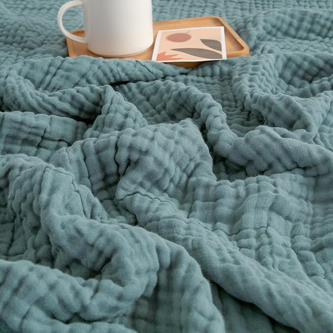 EMME Cotton Blanket Queen Size for Bed Soft Large Muslin Bed Blankets 90"x90" Lightweight Breathable Layering Bedspread All Season Gauze, Teal