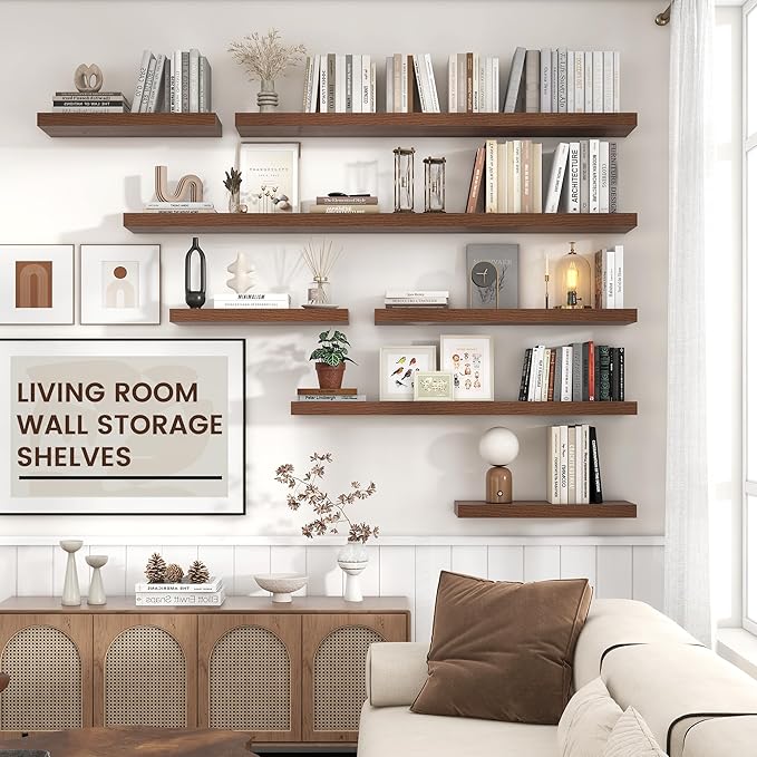 Floating Shelves - 2 Large Wall Mounted Shelves with Invisible Brackets, Long Walnut Wood Floating Wall Shelf for Living Room, Bedroom, Kitchen (36" W x 9" D x 1.5" H)