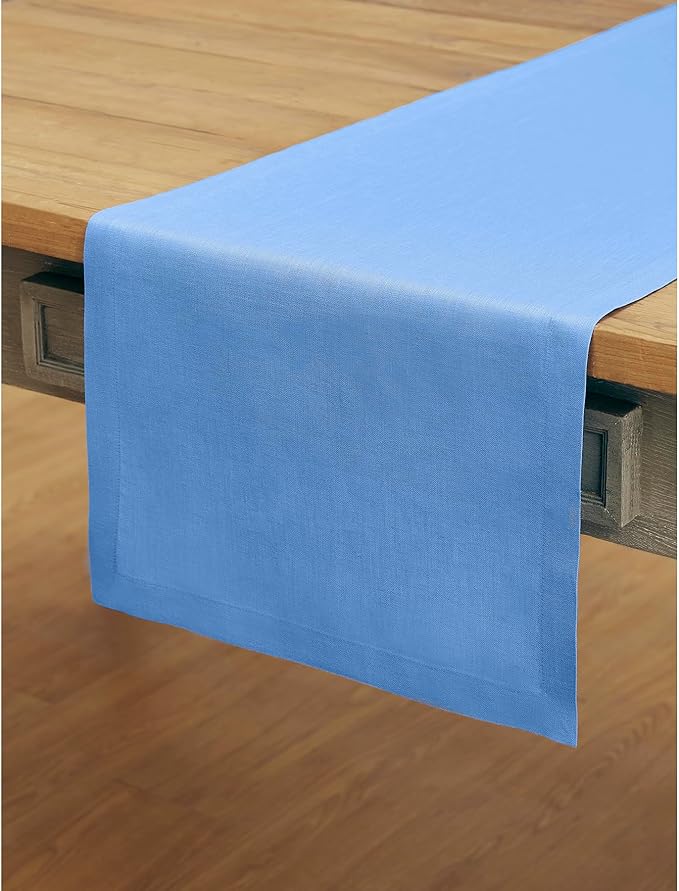 Solino Home Linen Table Runner 90 Inches Long - 100% Pure Linen Provence Blue Dining Table Runner 14 x 90 Inch - Fete