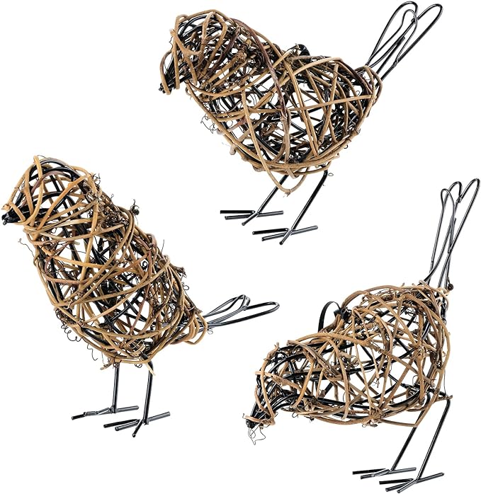 Natural Farmhouse Decor Set of 3 - Handwoven Rattan Bird Statue Table Decor, Multi-Pose Shelf & Mantel Accents