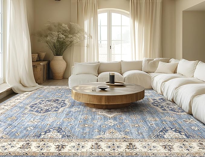 Washable Area Rugs for Living Room -10x12 Neutral Vintage Distressed Floral Farmhouse Boho Large Soft Floor Rug Indoor Non Slip Carpet for Living Room Bedroom Dining Room Office - Blue