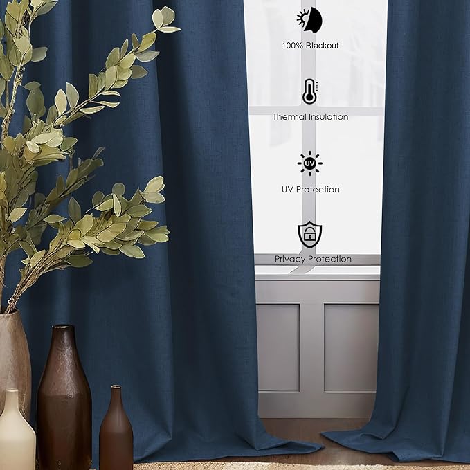 Navy Blue Linen Black Out Curtains 63 Inch Long 2 Panels Burg Thermal Insulated Total Blackout Window Shades Light Blocking Dark Curtains for Living Room Kids Children Boy Bedroom 63 Length White Back