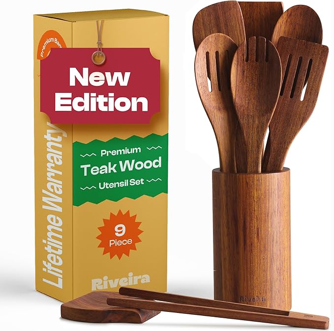 Riveira Teak Wooden Spoons for Cooking Set of 9 – Natural Teak Wooden Cooking Utensils, Wooden Spatula, Wooden Spoon - Premium Quality Wooden Utensil Set for Non-Toxic Cooking
