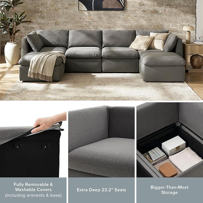 mopio Oversized Modular Sectional Sofa with Fully Removable Covers and Storage, Convertible U, L-Shaped and Sleeper Sectional, Modern Couches with Ottoman Chaise (Stone Gray Fabric, 6 Seats, Sleeper)