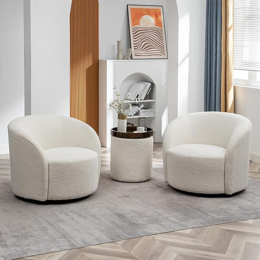 KINWELL 34" W Swivel Barrel Chair Set of 2, Mid Century Modern Round Upholstered Boucle Swivel Accent Chairs, No Assembly Sofa Chair for Living Room Bedroom Reading, Cream